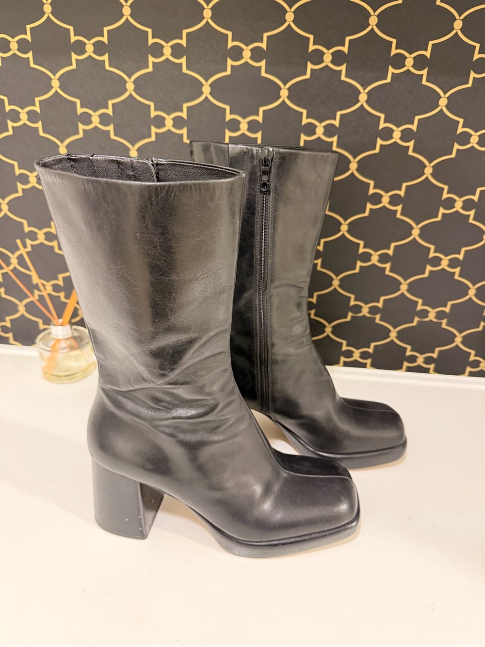 rag & bone Black Mid-Calf Square Toe Block Heel Boots